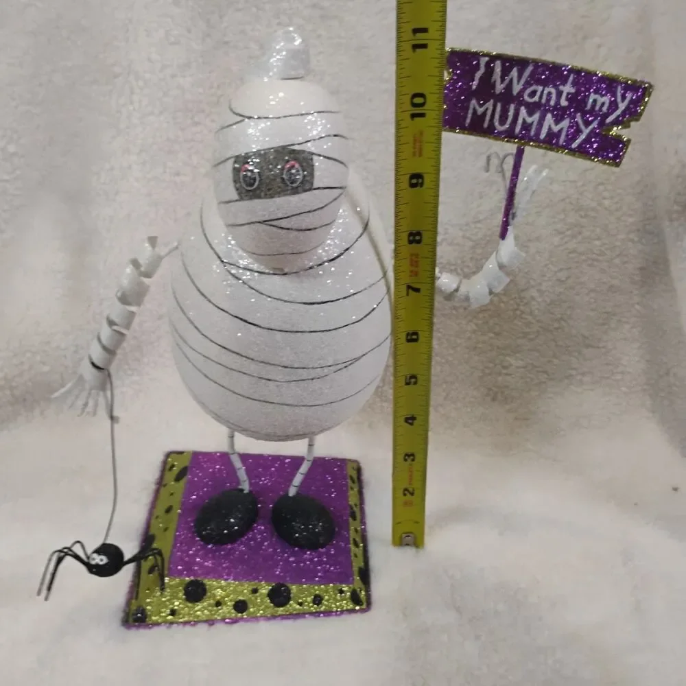 Pier 1 Imports HTF Glitter Mummy Figurine I Want My Mummy Sign Spider Halloween